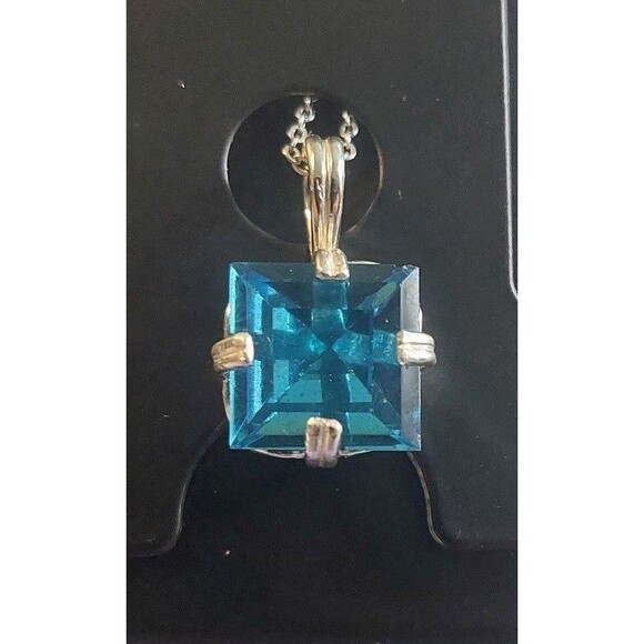 Large 12mm rare teal square uranium rhinestone set in sterling 20" 925 chain - Picture 4 of 12